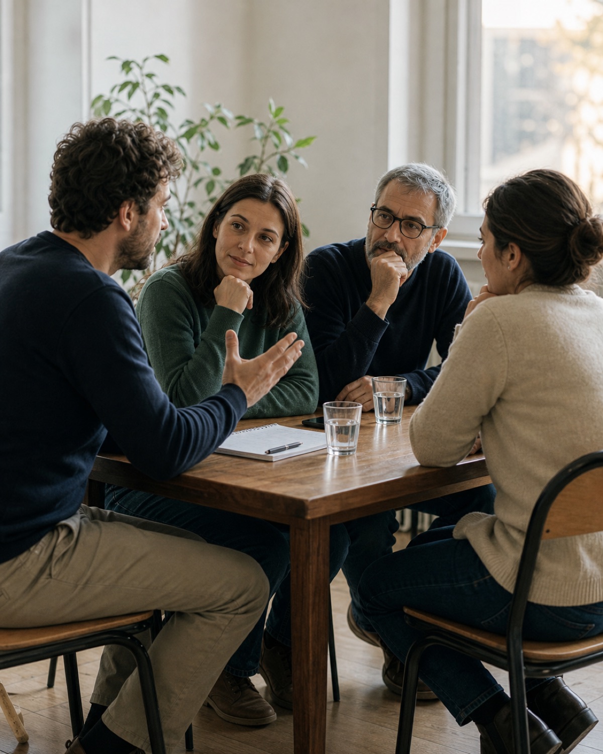 Quattro persone adulte discutono con attenzione intorno a un tavolo.